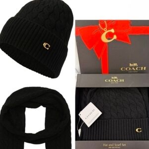 Coach Cable Knit Beanie Hat & Scarf Set- Black